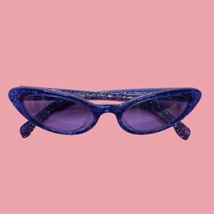 Miu-Miu Women's Blue and Silver Glitter Cateye Sunglasses with Case and Box